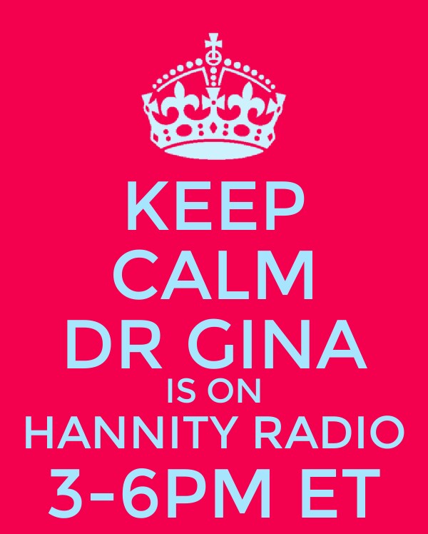 Photo of Dr Gina guest hosting Sean Hannity’s radio show Fri., April 22nd from 12-3pmPT
