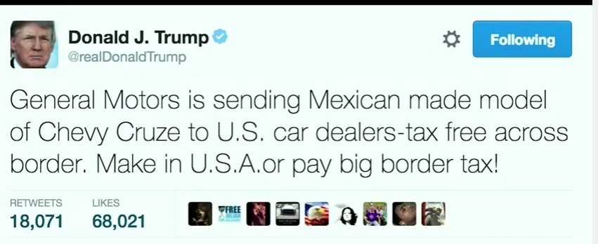 Photo of Trump tweets to automakers: Build here or else!